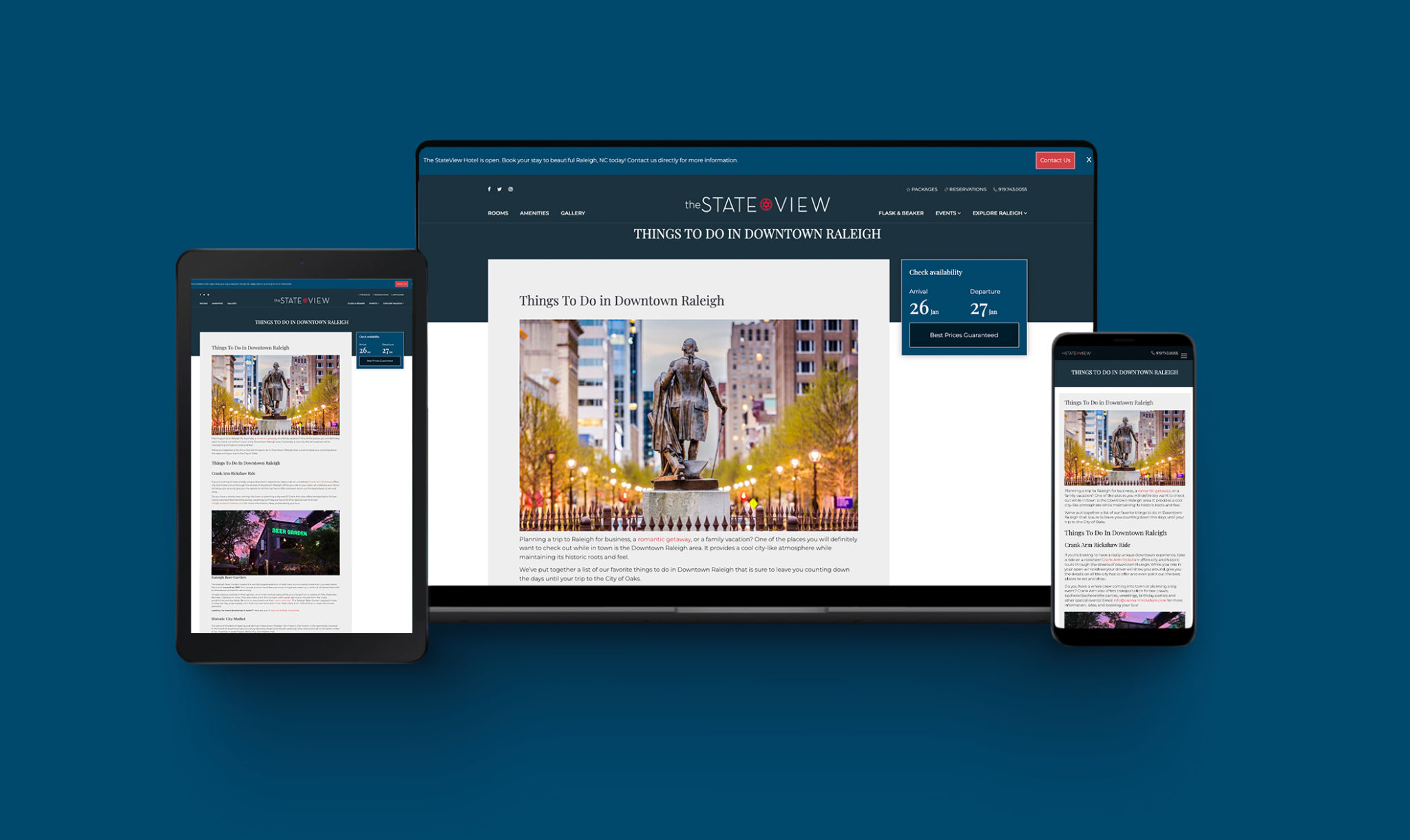 Device screenshots of the StateView Hotel Things to do in Raleigh NC Blog post