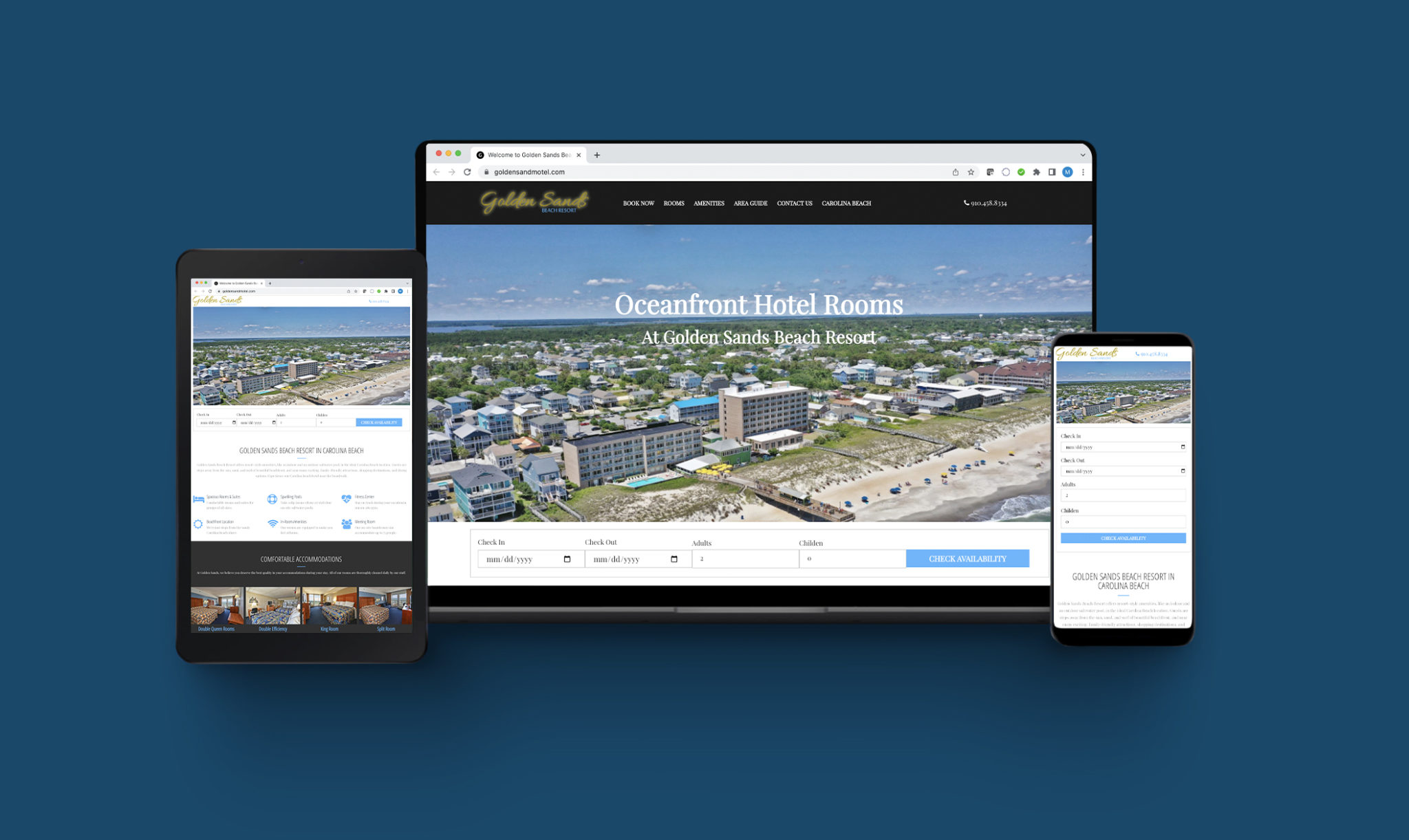 screenshot of golden sands beach resort homepage on multiple devices