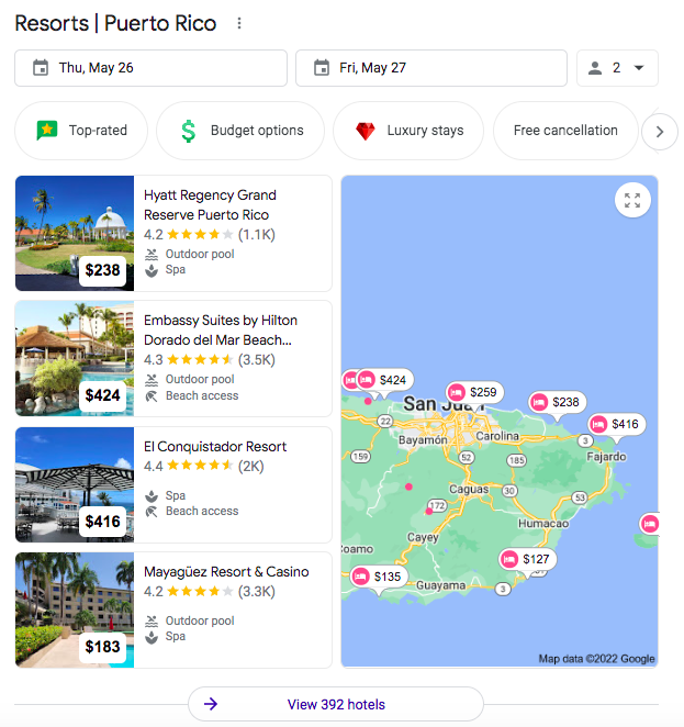 Hotel pack on Google search results.